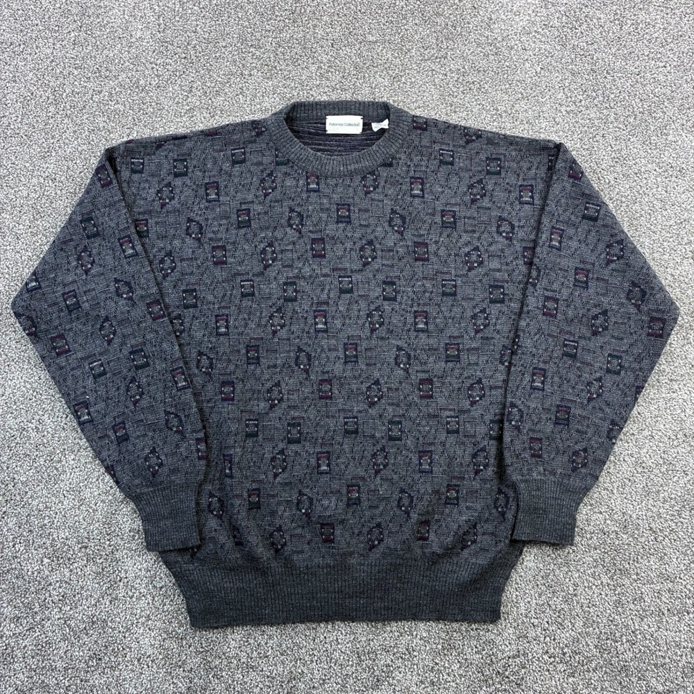 Vintage Potomac Sweater Mens Large Gray Geometric Knit Pullover Italy Wool Blend